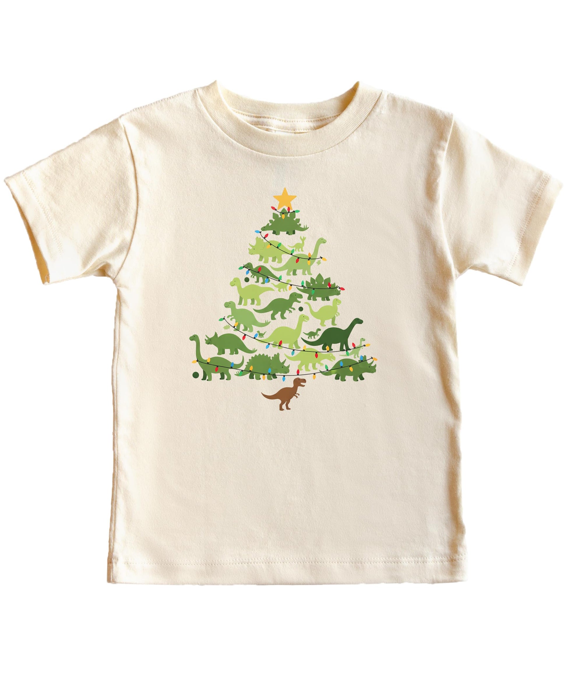 Back view of natural colored shirt showing dinosaur Christmas tree graphic placement
