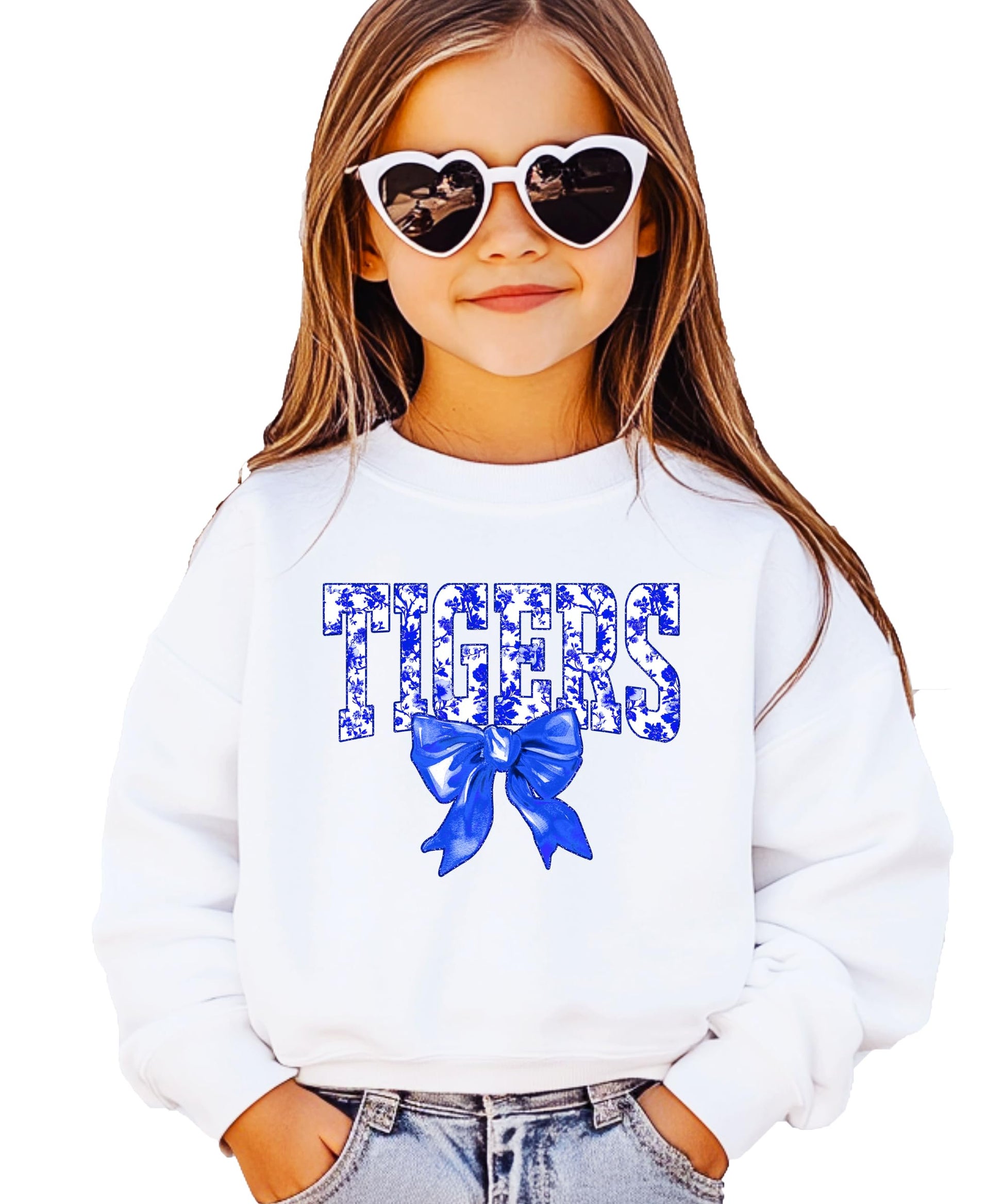 Tigers team spirit sweatshirt displaying full front graphic with blue bow accent