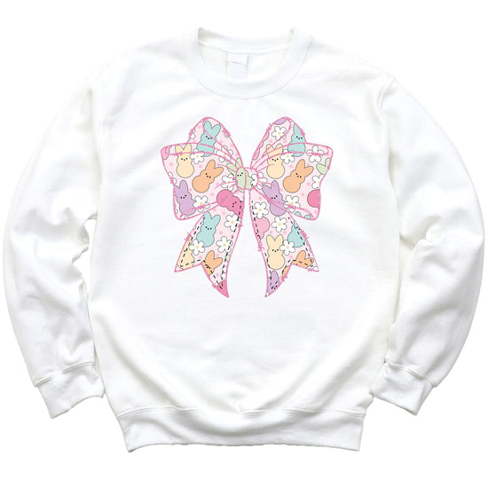 Front view of kids pastel pink Easter sweatshirt with bunny and flower design