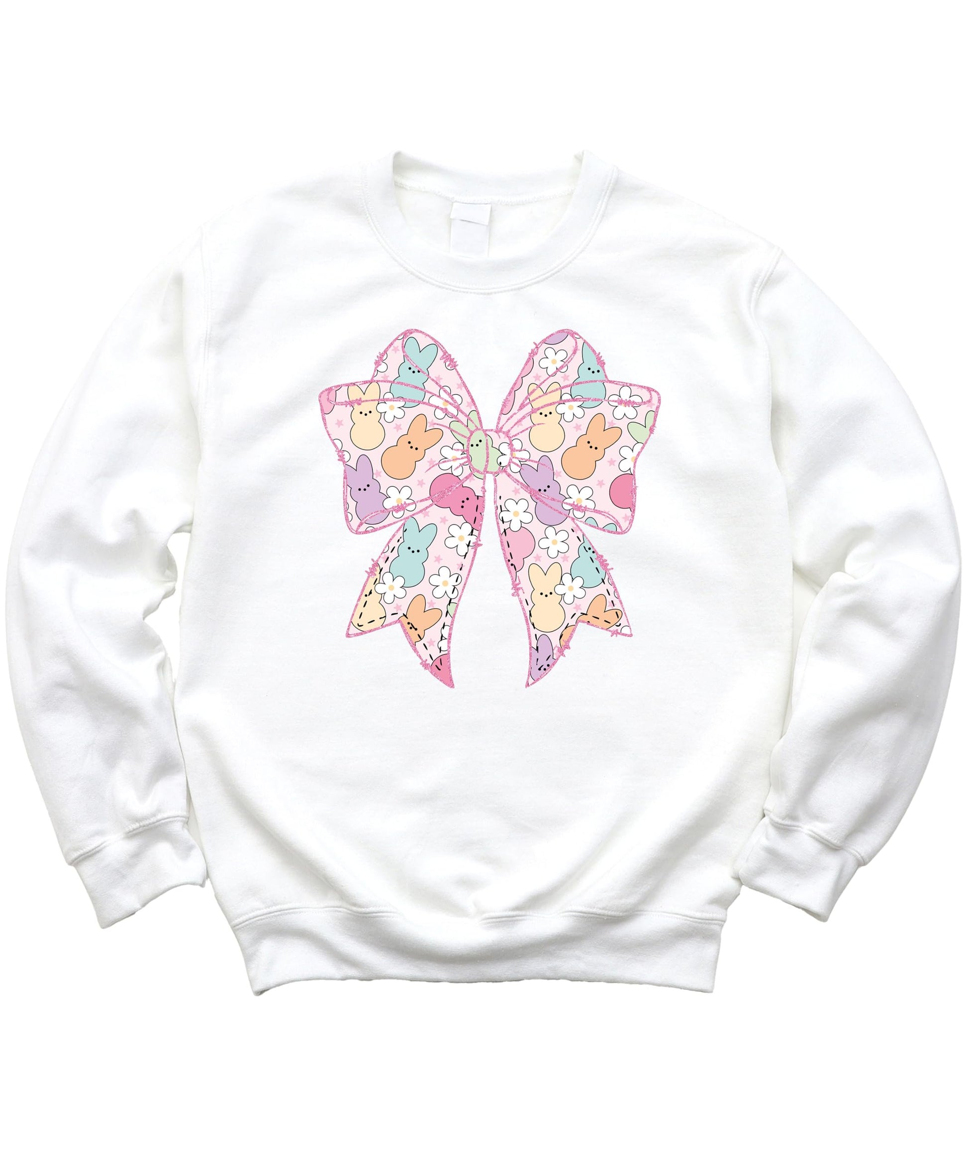 Front view of kids pastel pink Easter sweatshirt with bunny and flower design