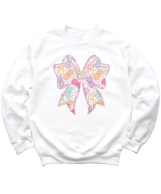 Front view of kids pastel pink Easter sweatshirt with bunny and flower design