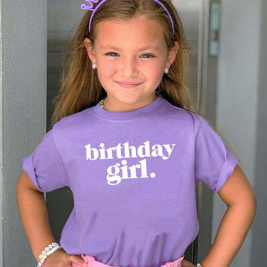 Flat lay of purple Birthday Girl Period graphic tee for baby toddler and youth girls