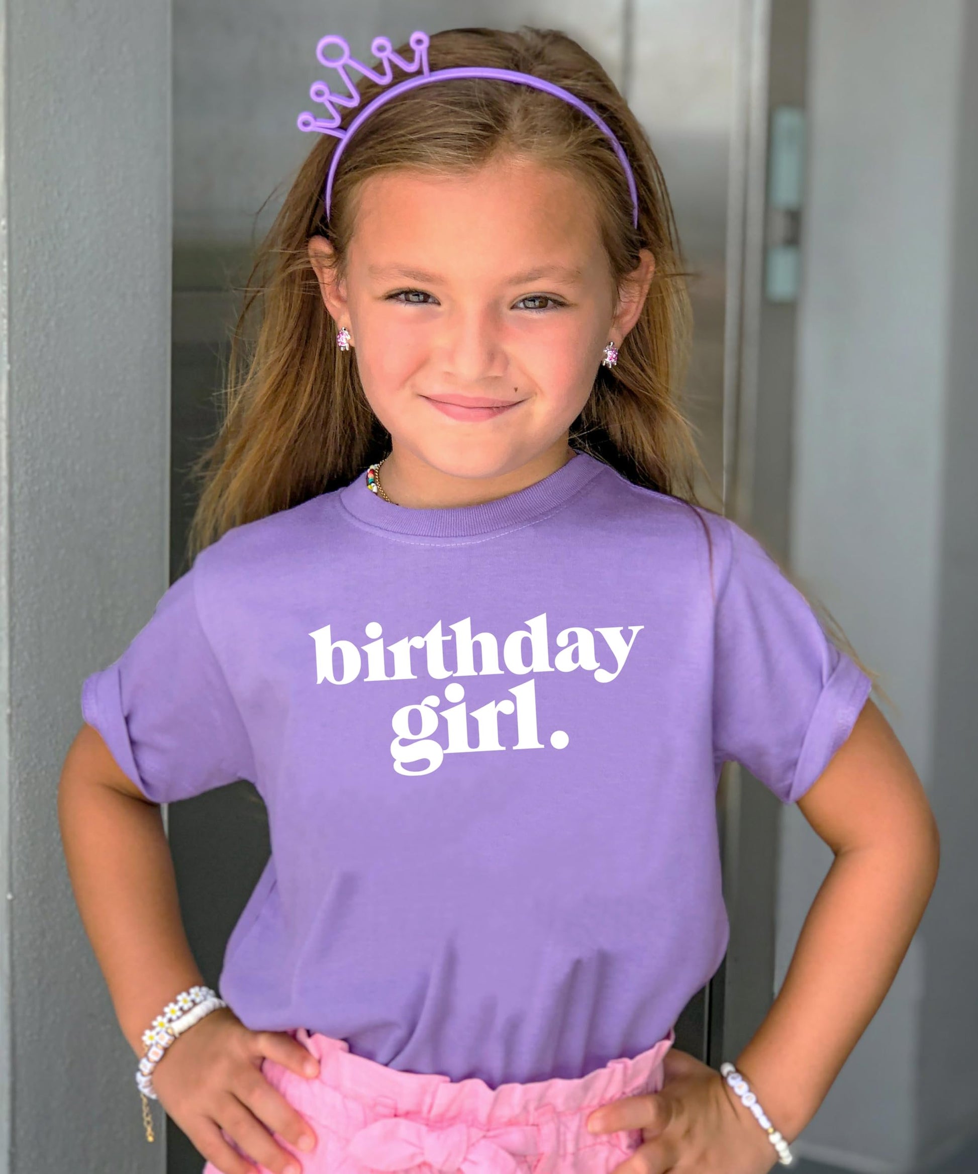 Flat lay of purple Birthday Girl Period graphic tee for baby toddler and youth girls
