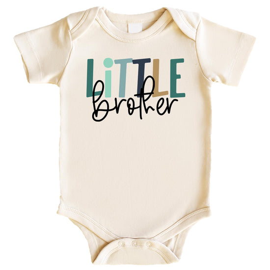 Natural-colored Little Brother baby bodysuit with bold graphic print for newborn sibling matching outfit