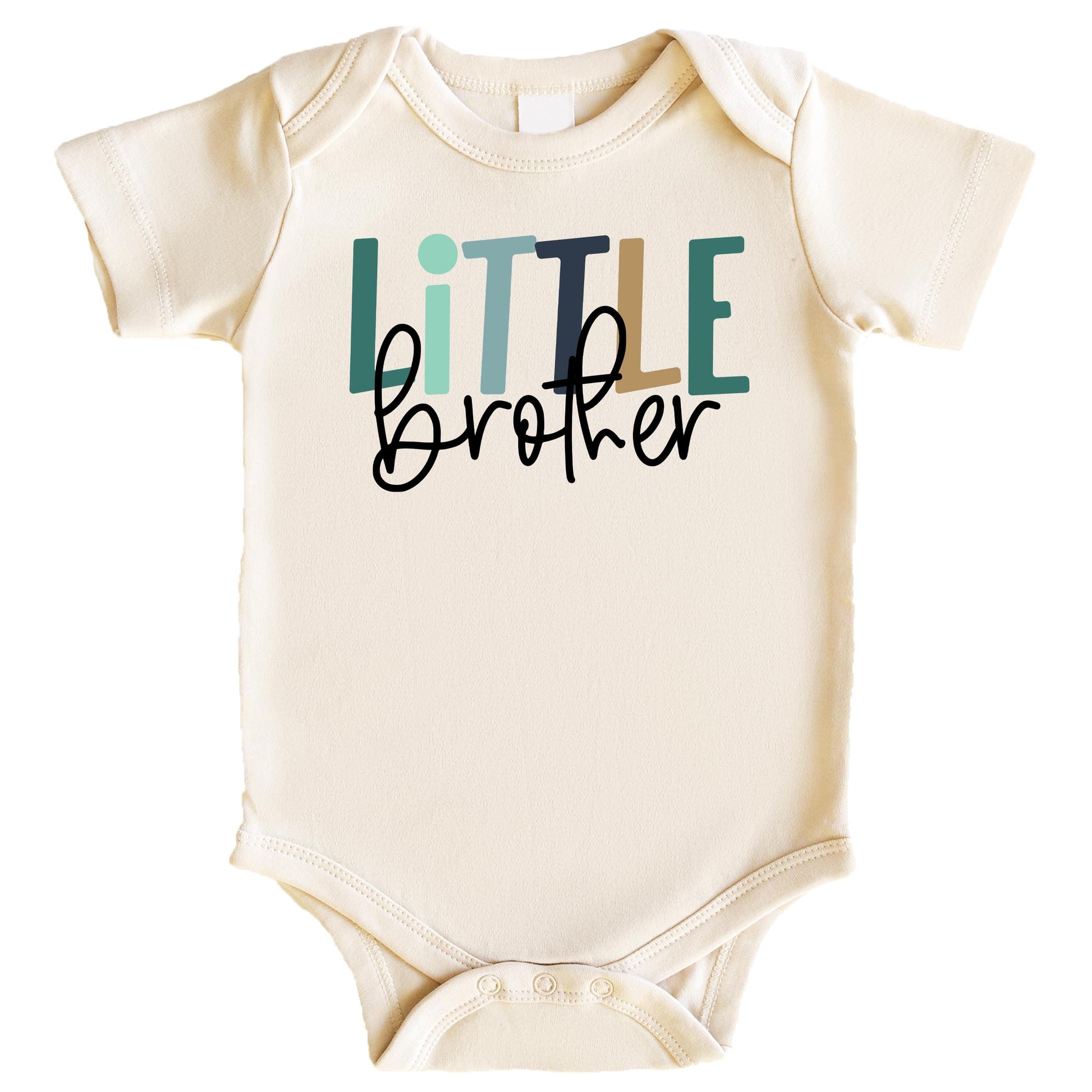 Natural-colored Little Brother baby bodysuit with bold graphic print for newborn sibling matching outfit