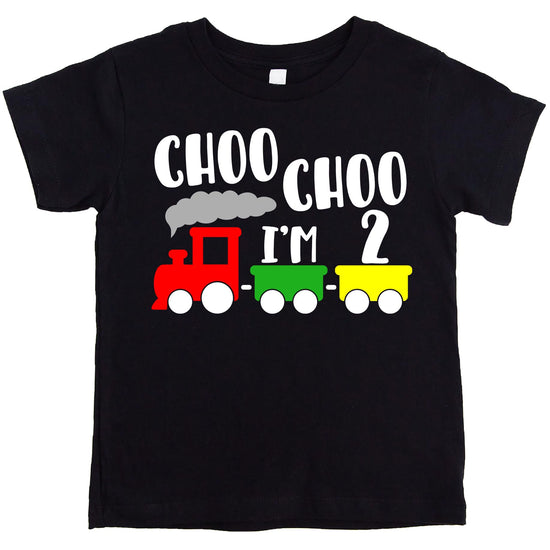 Toddler boy wearing Choo Choo I'm Two vintage train graphic birthday t-shirt in royal blue