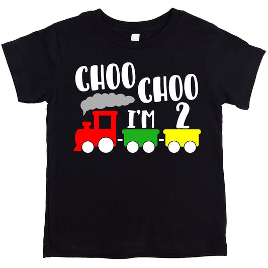 Toddler boy wearing Choo Choo I'm Two vintage train graphic birthday t-shirt in royal blue