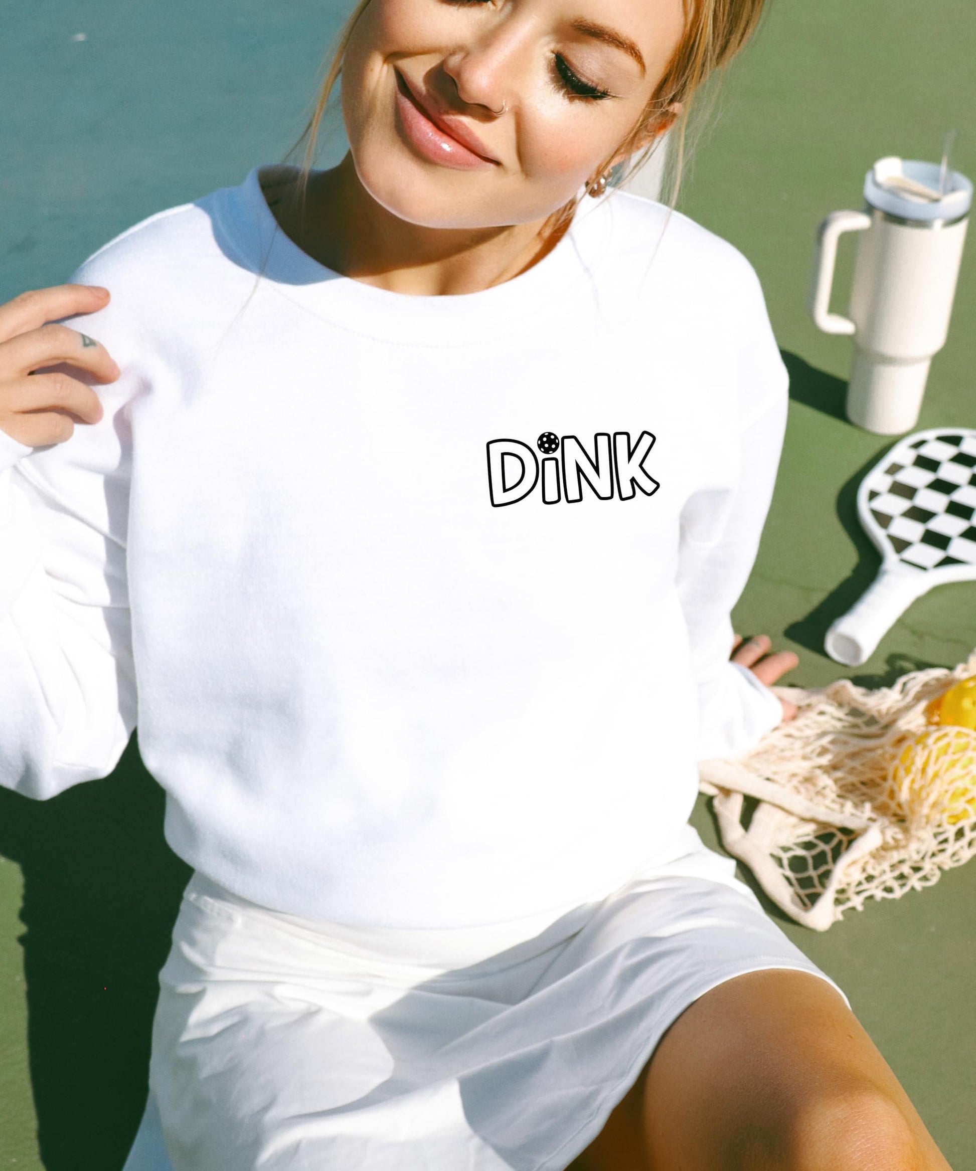 Detail shot of Dink pickleball sweatshirt fabric and print quality