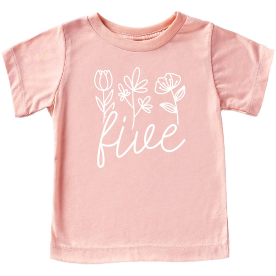 Close-up of floral Five design on military green birthday shirt for toddler girls