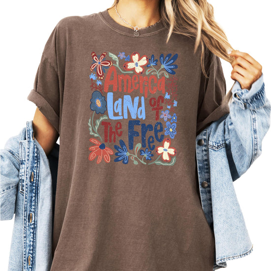America Land of the Free women's tee styled for 4th of July casual look
