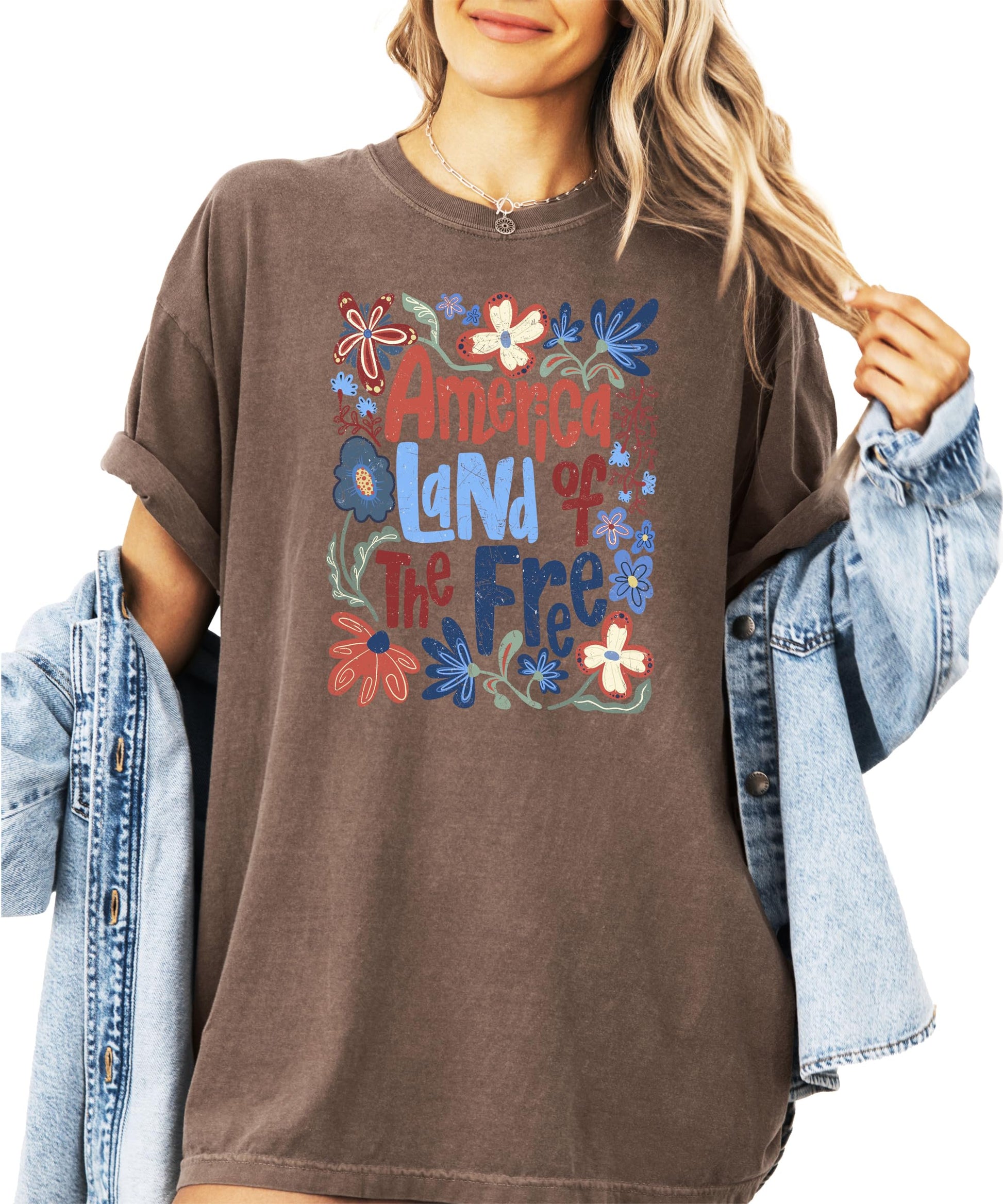 America Land of the Free women's tee styled for 4th of July casual look