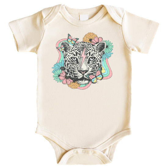 Girls retro leopard and flowers graphic tee in peach with colorful floral leopard print design