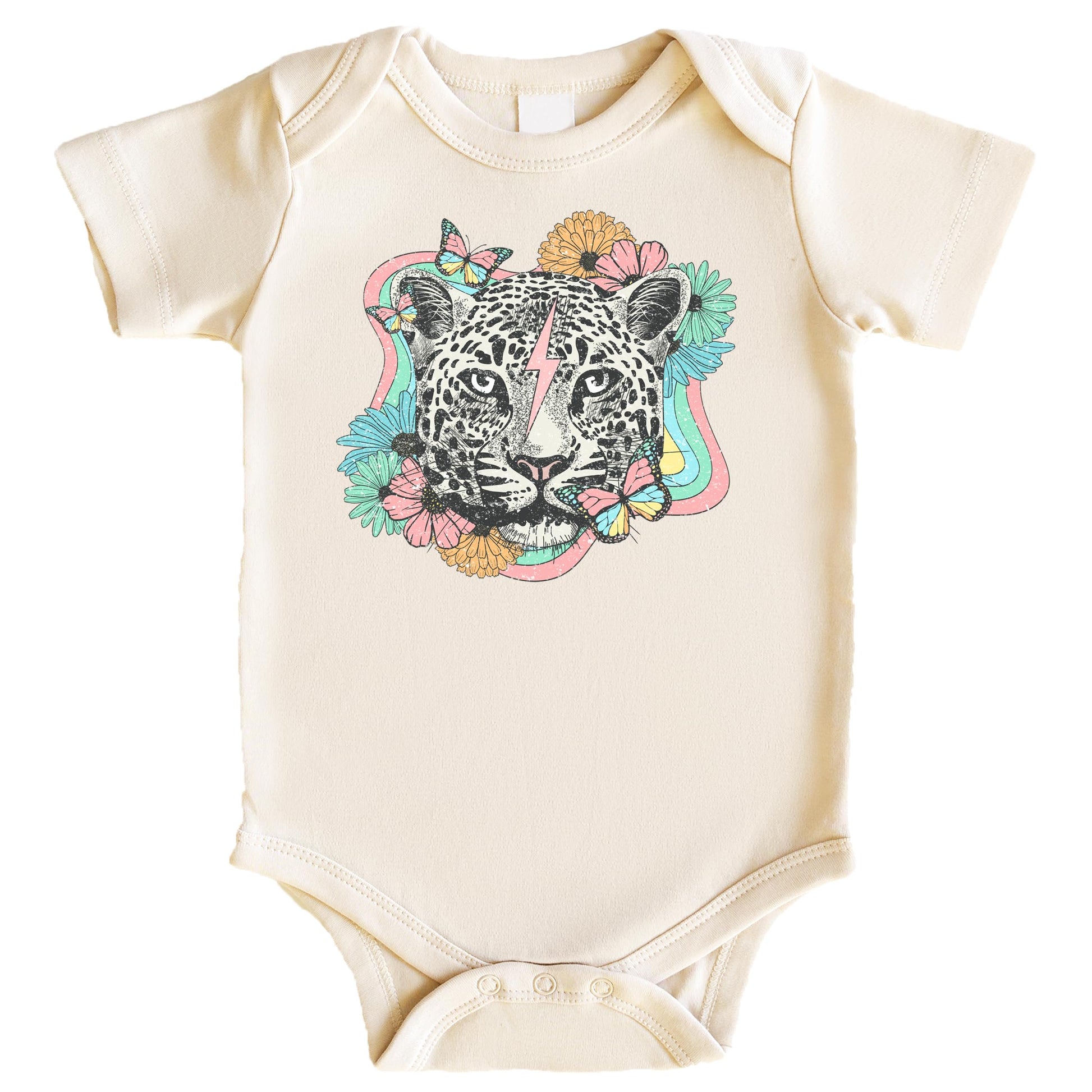 Girls retro leopard and flowers graphic tee in peach with colorful floral leopard print design