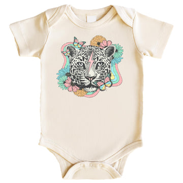 Girls retro leopard and flowers graphic tee in peach with colorful floral leopard print design