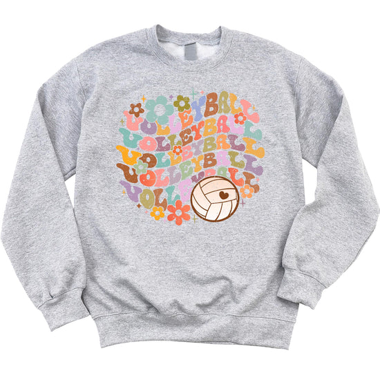 Gray retro volleyball sweatshirt with colorful VOLLEYBALL text and flower graphics on front