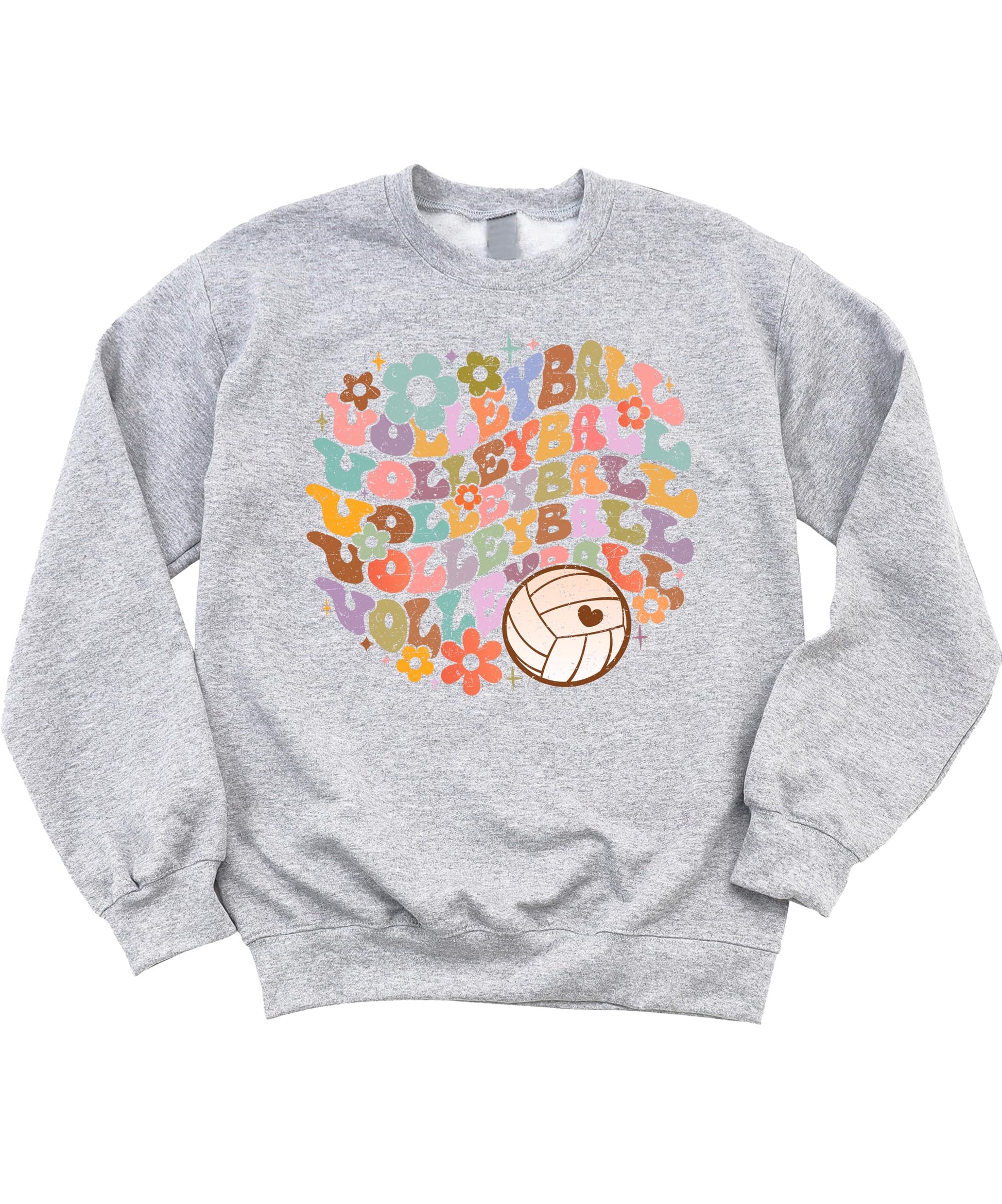 Gray retro volleyball sweatshirt with colorful VOLLEYBALL text and flower graphics on front