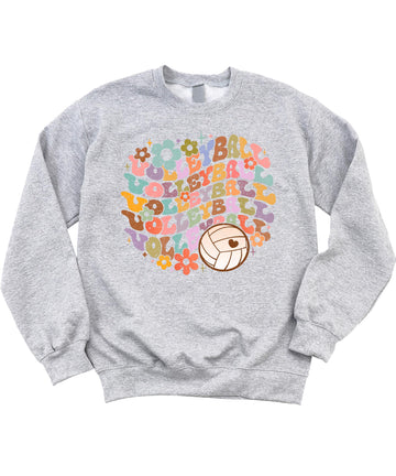Gray retro volleyball sweatshirt with colorful VOLLEYBALL text and flower graphics on front