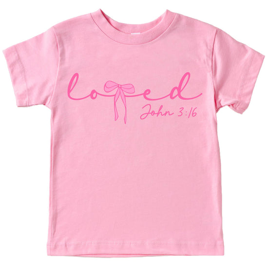 Front view of Loved Christian Valentine's Day shirt for women with pink bow graphic