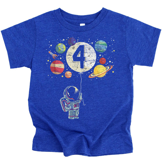 Front view of black 4th birthday space astronaut graphic tee for toddlers and kids