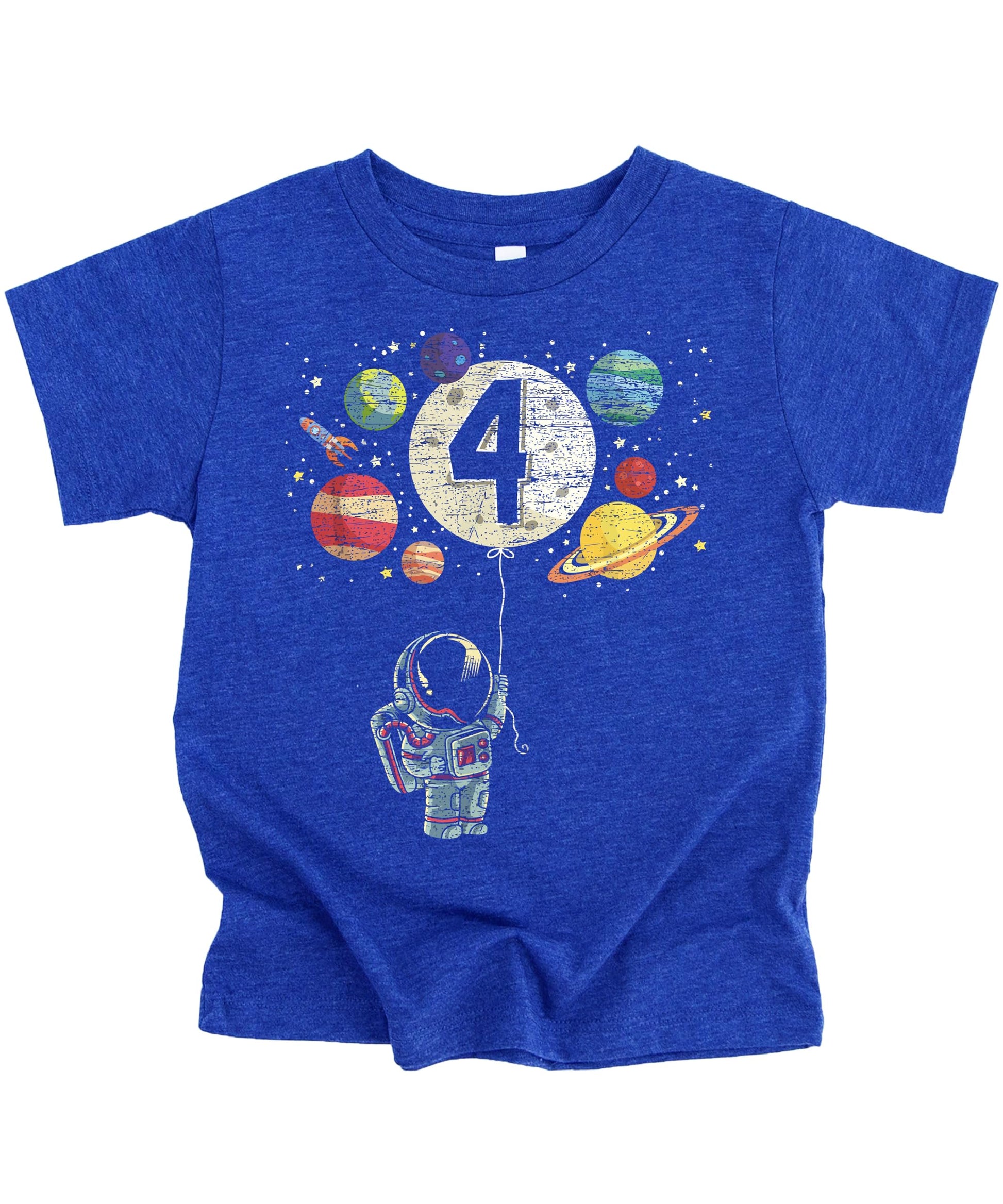 Front view of black 4th birthday space astronaut graphic tee for toddlers and kids
