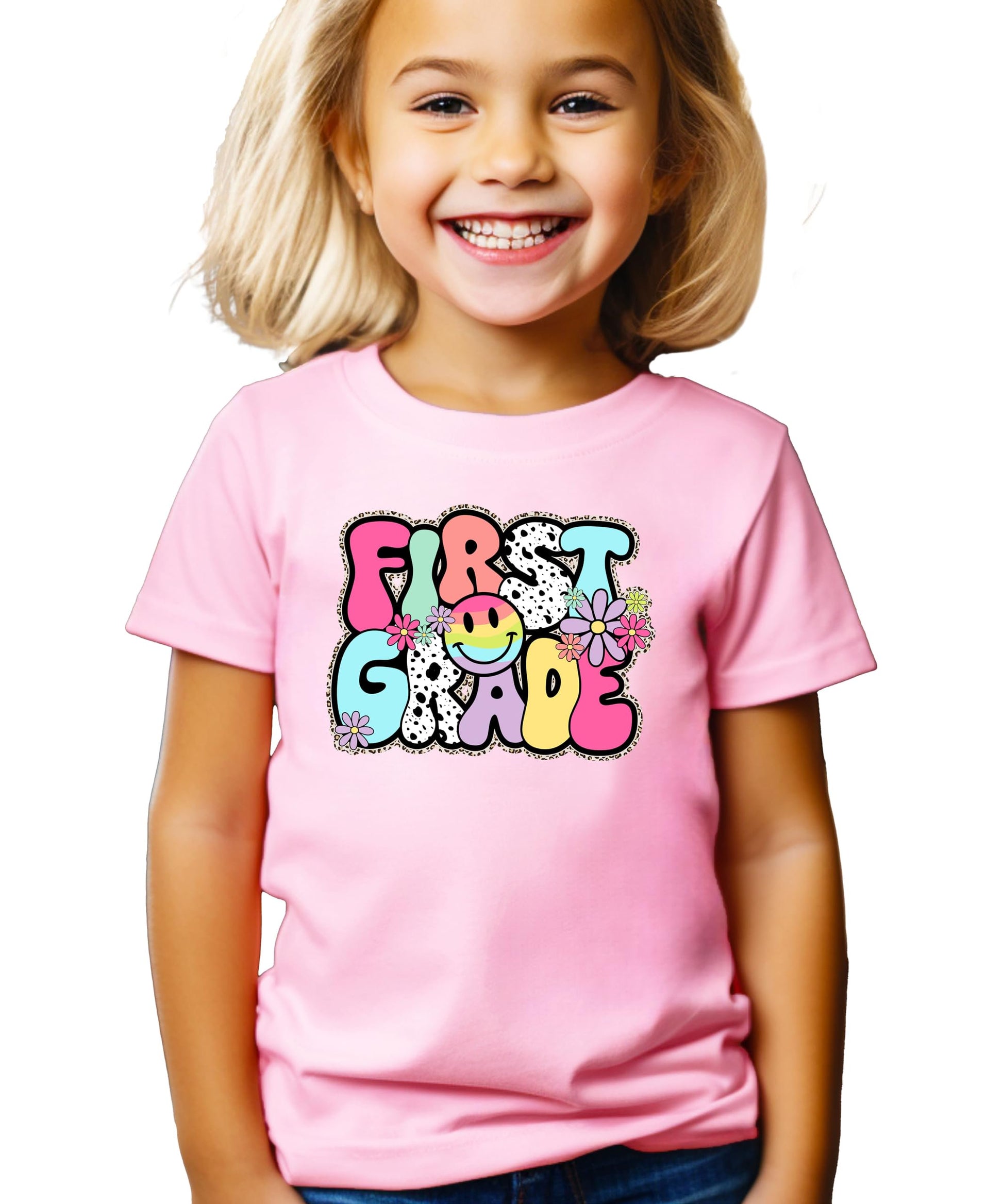 Girls first grade shirt flat lay showing full design and fit details