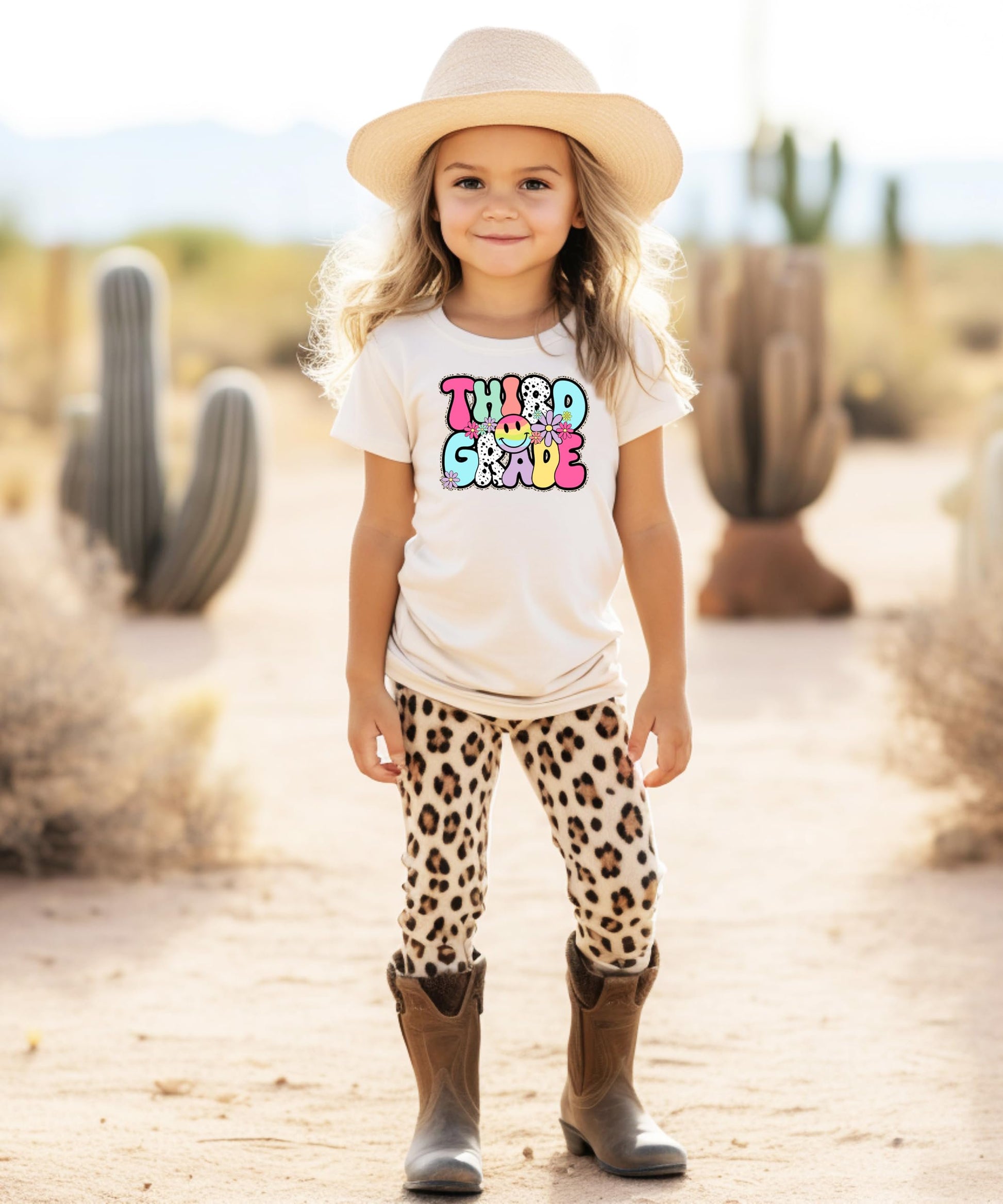 Flat lay of girls groovy 3rd grade graphic shirt in natural color with retro floral design