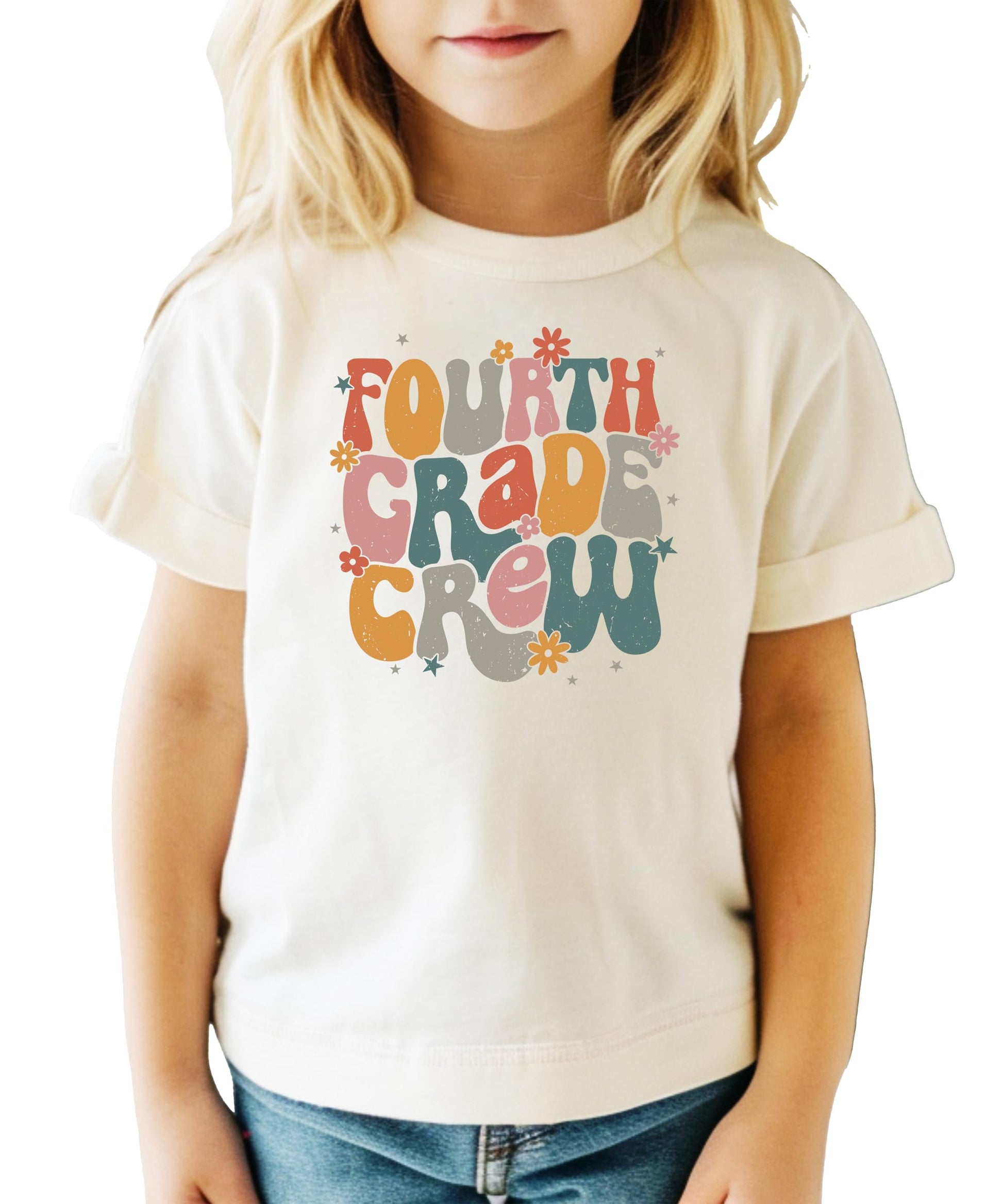 Fourth Grade Crew retro graphic t-shirt in peach with colorful text design