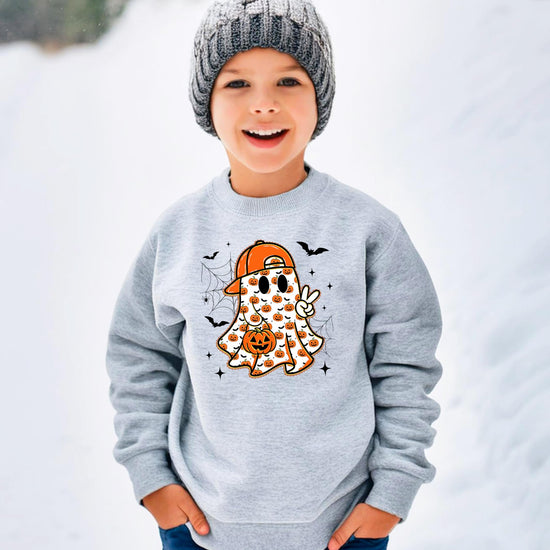 Kids ghost Halloween pullover sweatshirt with fun pumpkin bat and peace sign graphic by Olive Loves Apple
