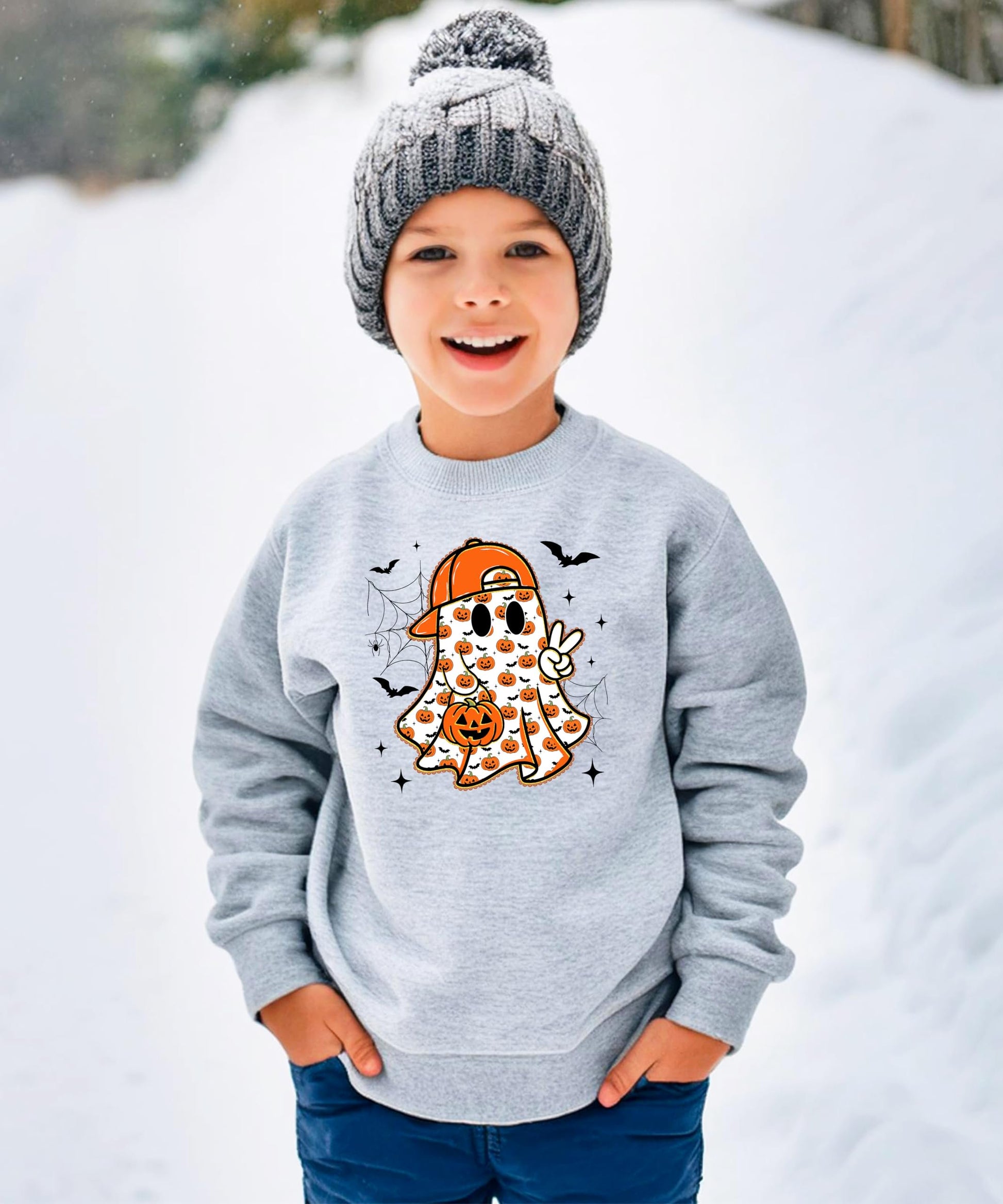 Kids ghost Halloween pullover sweatshirt with fun pumpkin bat and peace sign graphic by Olive Loves Apple