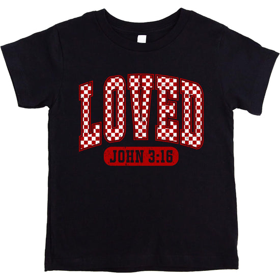 Flat lay of natural women's red check Loved Valentine's Day Christian graphic tee