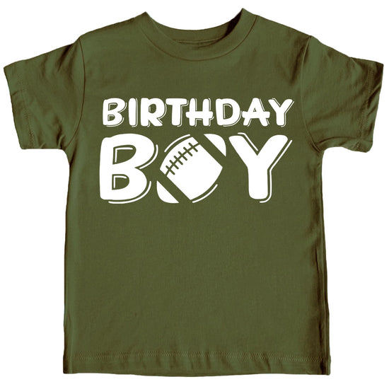 Close-up of football birthday shirt print detail on granite heather boys tee
