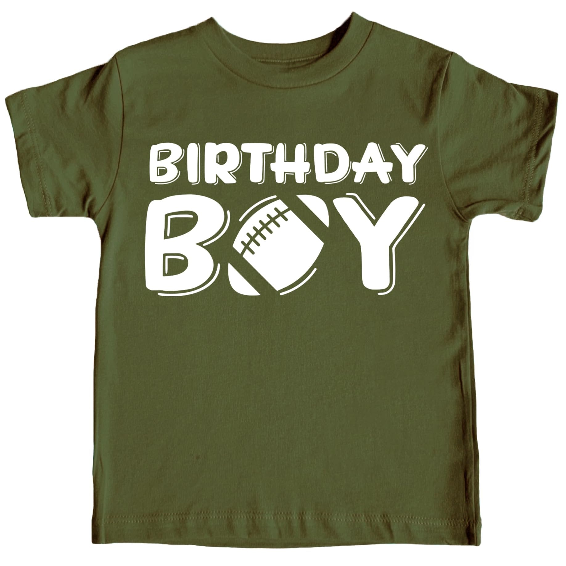 Close-up of football birthday shirt print detail on granite heather boys tee
