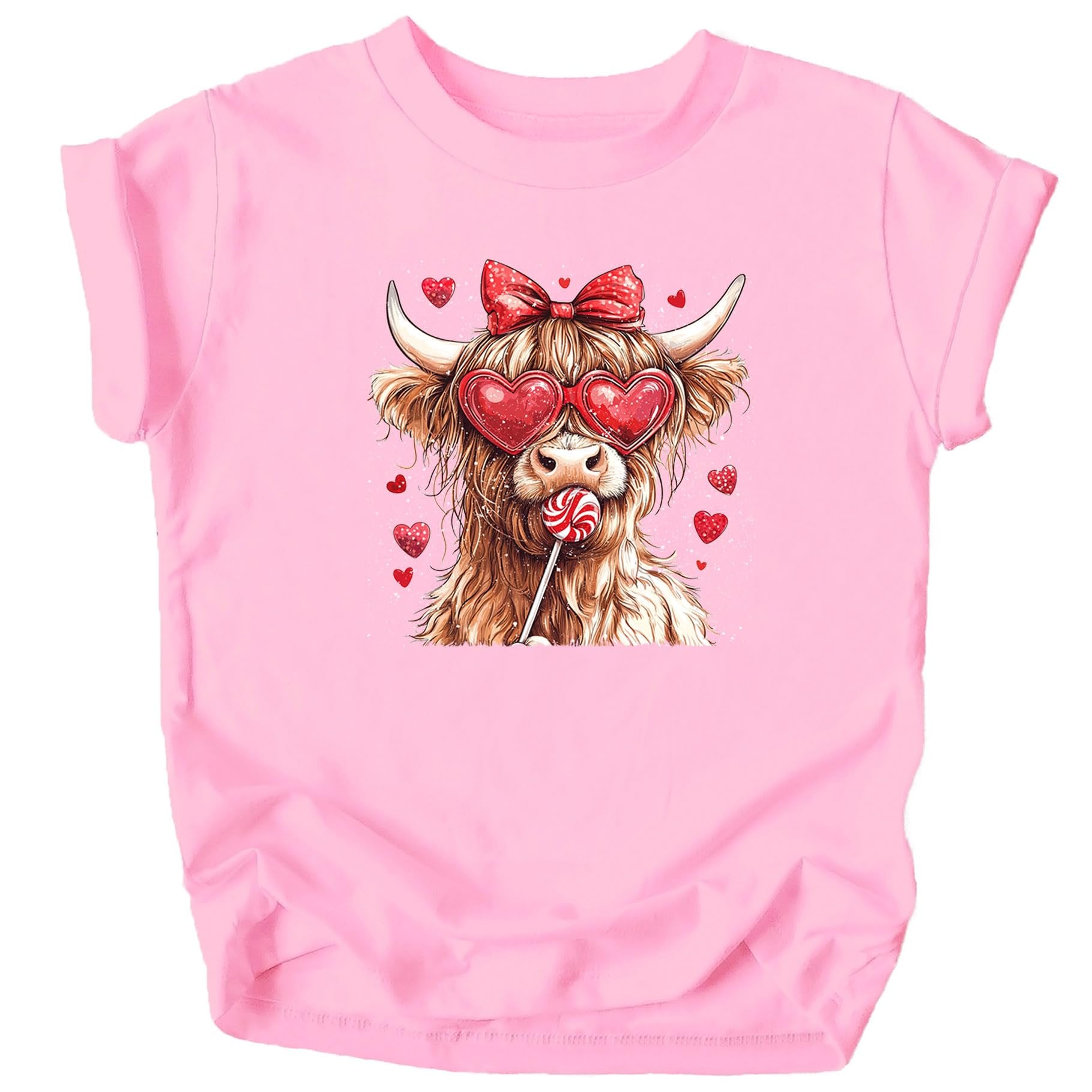 Front view of girls' Highland cow Valentine's Day tee with colorful hearts design