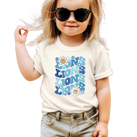 Baby bodysuit with blue Lions team mascot graphic design