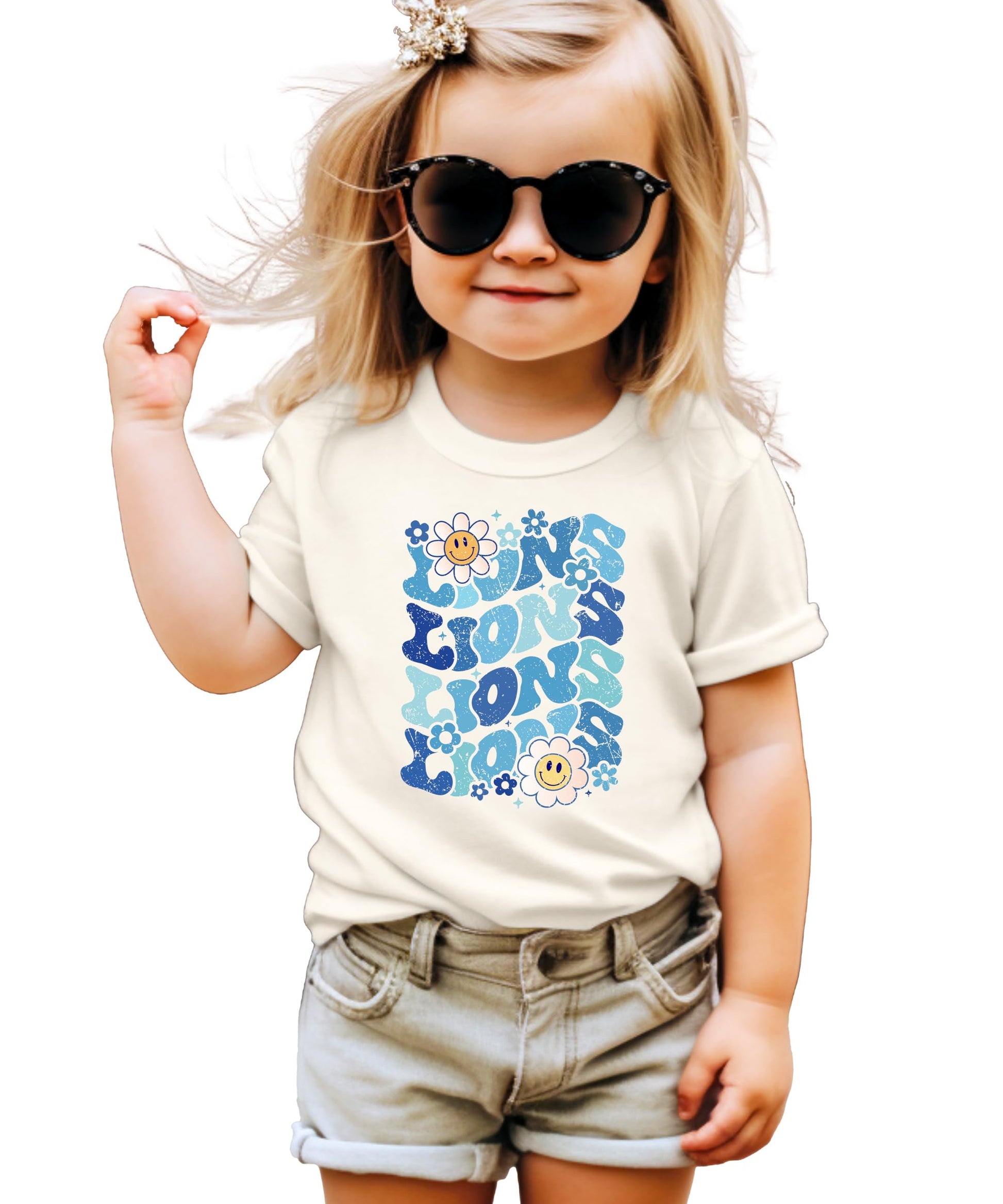 Baby bodysuit with blue Lions team mascot graphic design