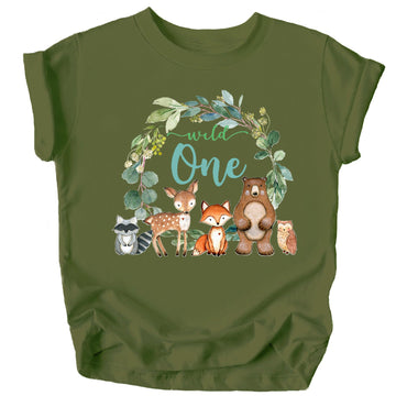 Wild One woodland animals wreath first birthday t-shirt in military green for babies