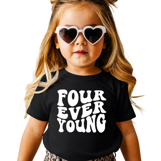 Retro Four Ever Young kids' 4th birthday t-shirt with groovy purple graphic design