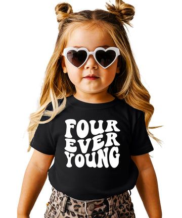 Retro Four Ever Young kids' 4th birthday t-shirt with groovy purple graphic design