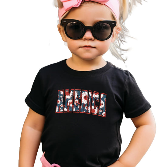 Women's natural-tone America sunflower graphic tee with red and blue patriotic design