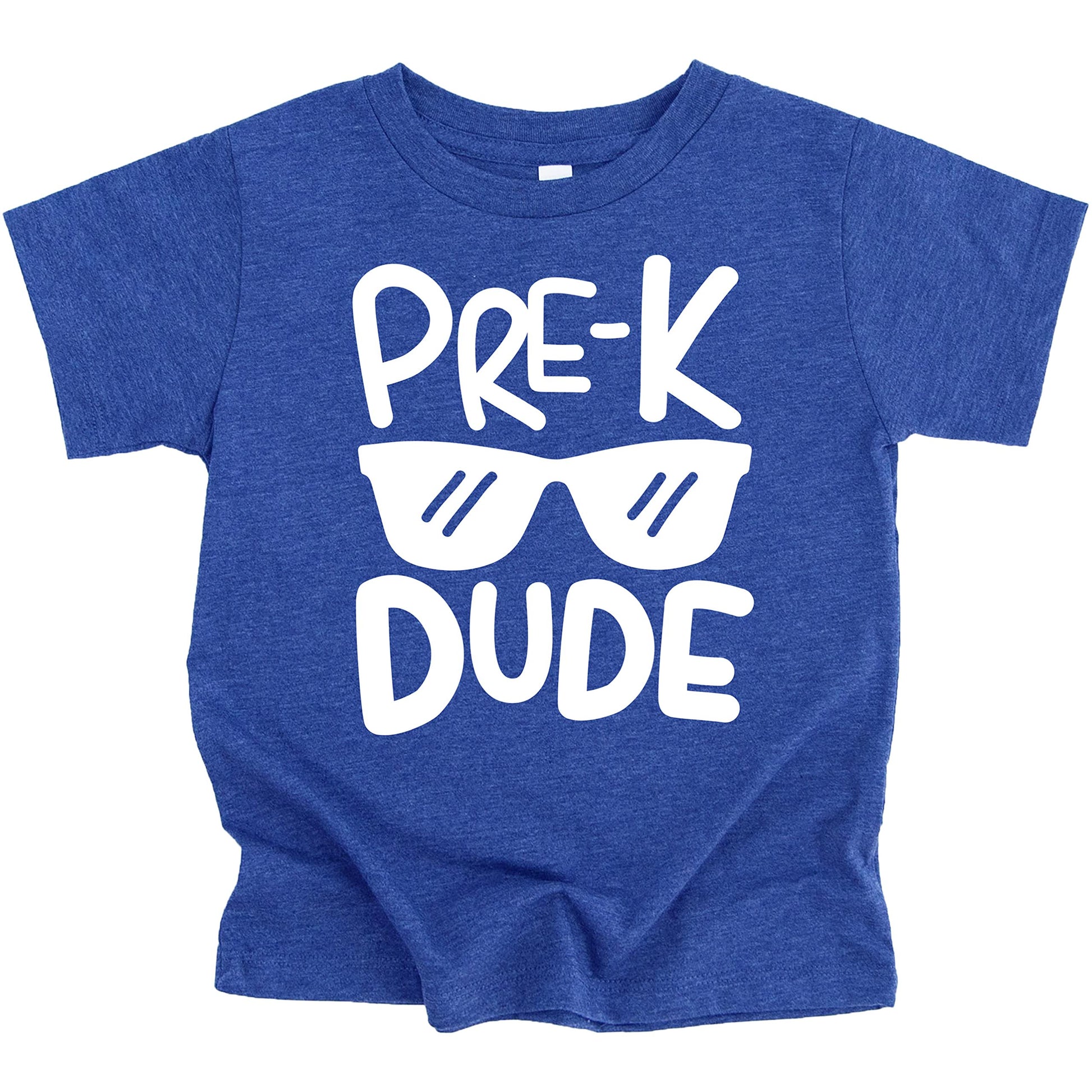 Pre-K Dude vintage royal blue kids shirt with retro text design for back to school