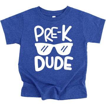 Pre-K Dude vintage royal blue kids shirt with retro text design for back to school