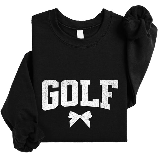 Front view of red golf graphic sweatshirt with bow detail, women's and youth sizing