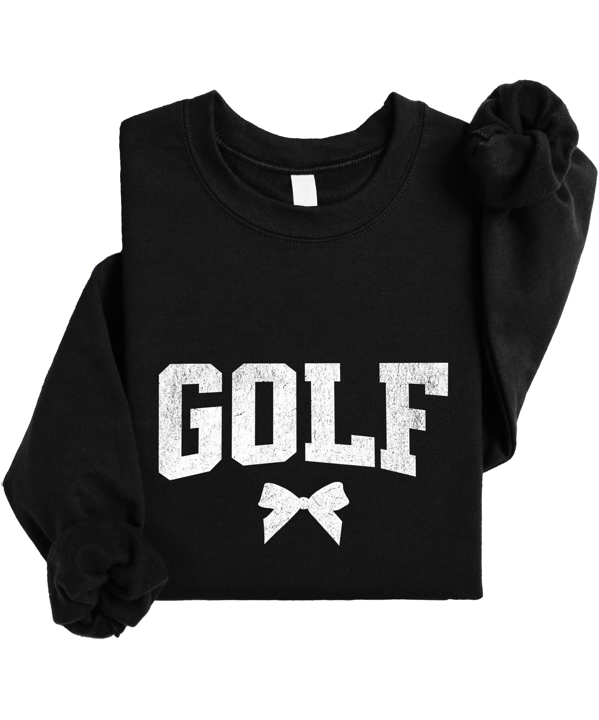 Front view of red golf graphic sweatshirt with bow detail, women's and youth sizing