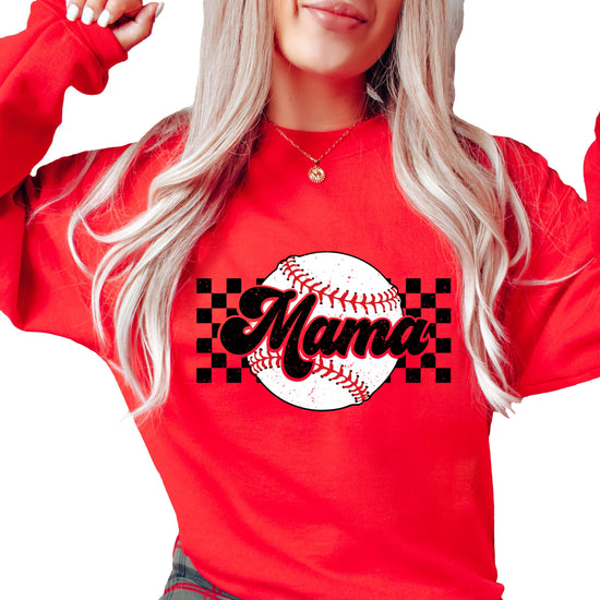 Gray checkered Baseball Mama sweatshirt with bold graphic print for baseball and softball moms