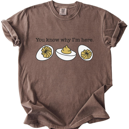 Back view of deviled egg graphic t-shirt showing sizing and fit