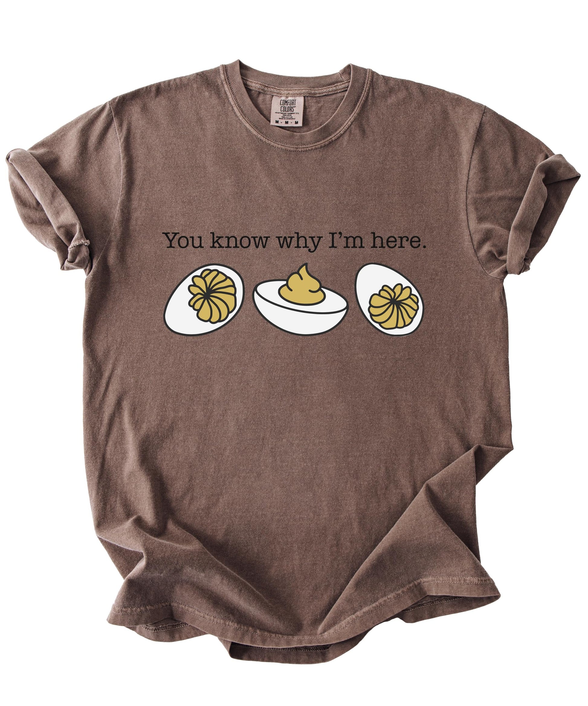 Back view of deviled egg graphic t-shirt showing sizing and fit