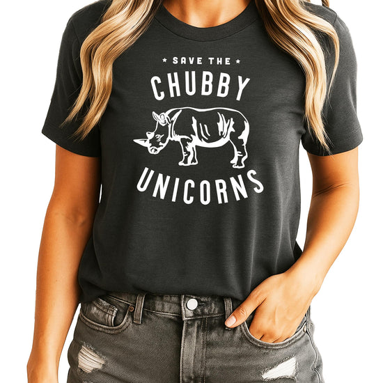 Woman wearing Save The Chubby Unicorns funny rhino graphic tee shirt