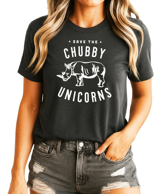 Woman wearing Save The Chubby Unicorns funny rhino graphic tee shirt