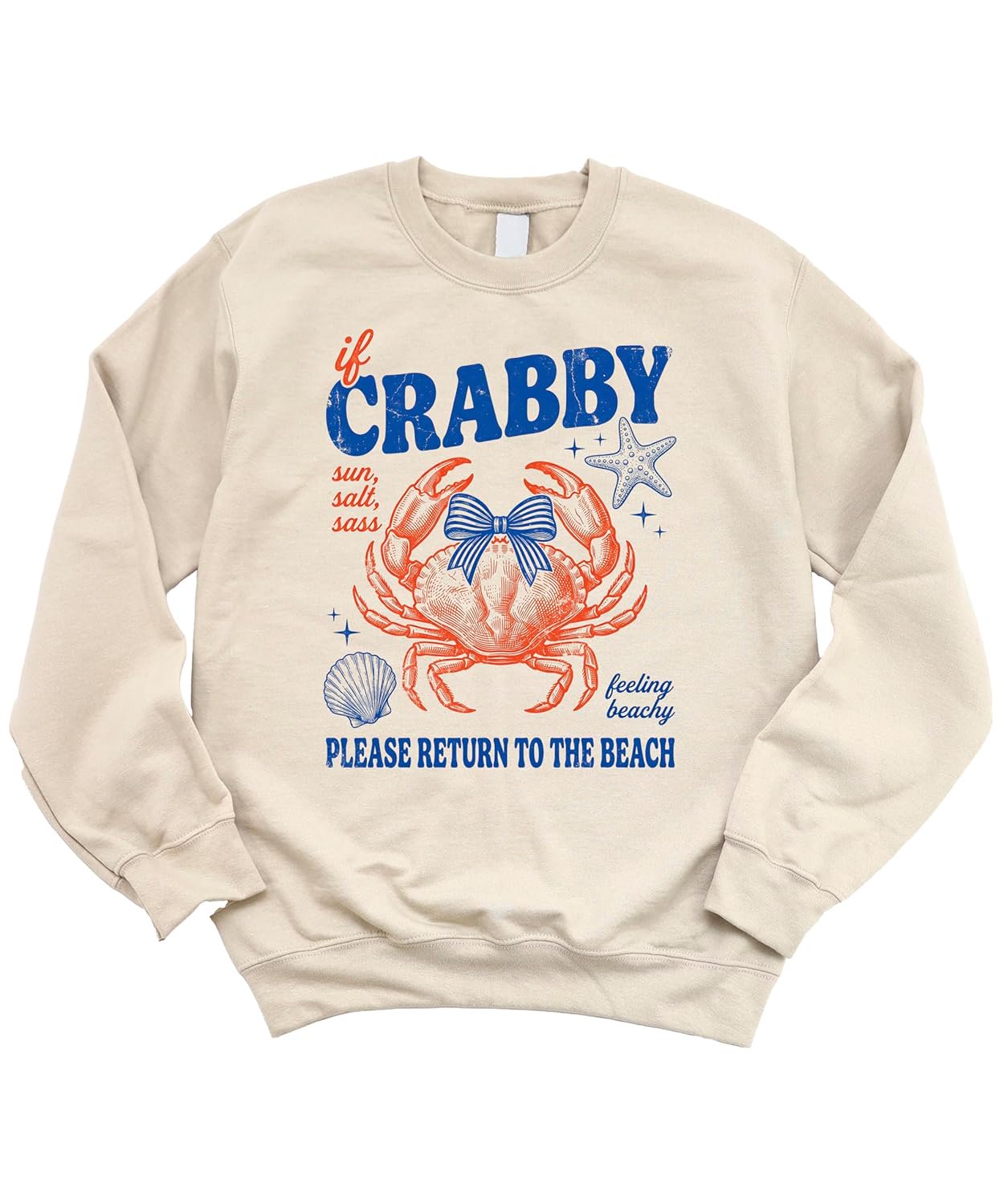 Close-up of crab illustration with bow, starfish, and seashell accents on white fleece sweatshirt