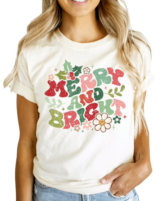 Groovy Merry and Bright Kids and Adult Matching Christmas T-Shirts for Matching Family Fun Outfits